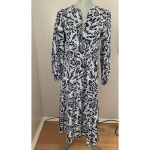 Zara Women's Black, Blue & White Long Sleeve V-Neck Maxi Midi Dress Size S